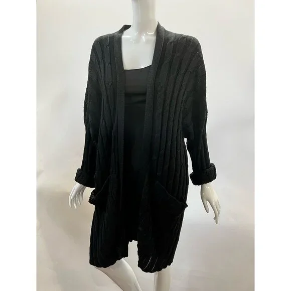 Eskandar Black Cable Knit Long Cardigan Sweater Open Front With Pockets Womens 1